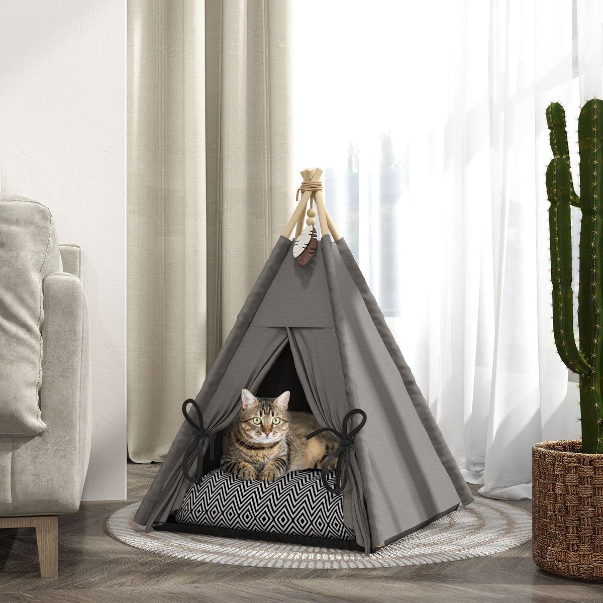 Teepee tent for pets, pet bed in a teepee design, cat tent with cushion, dog bed for sleeping, cat bed, grey (2)