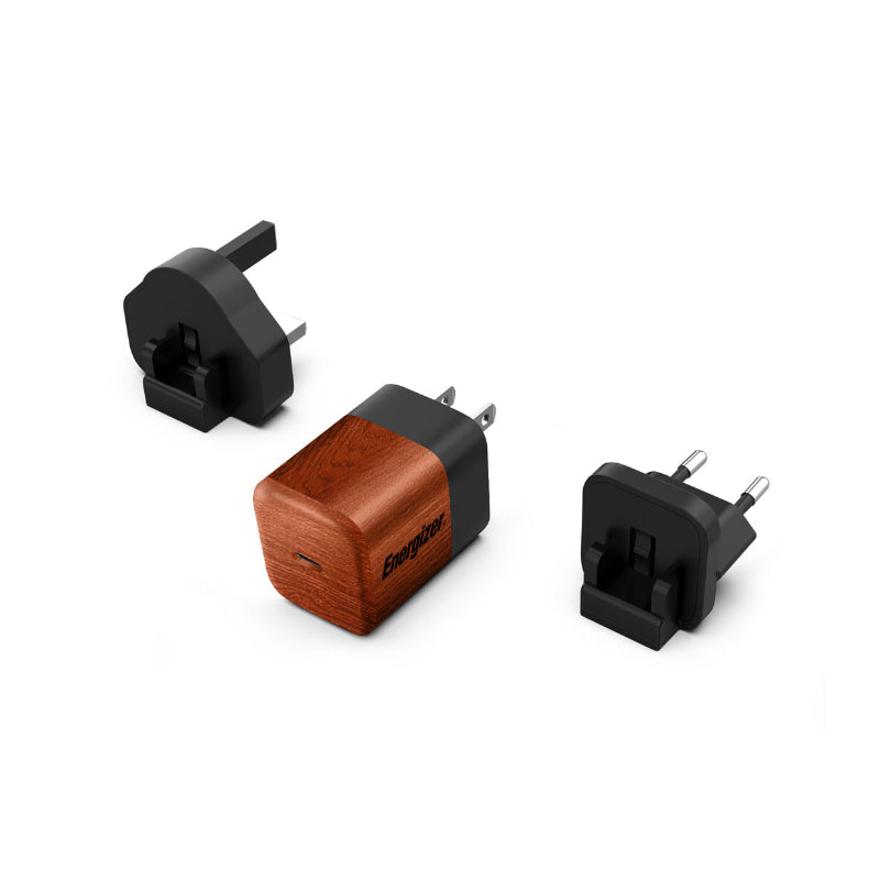 Energizer Ultimate - Multi-plug EU / UK / US GaN 20W PD mains charger (walnut veneer)