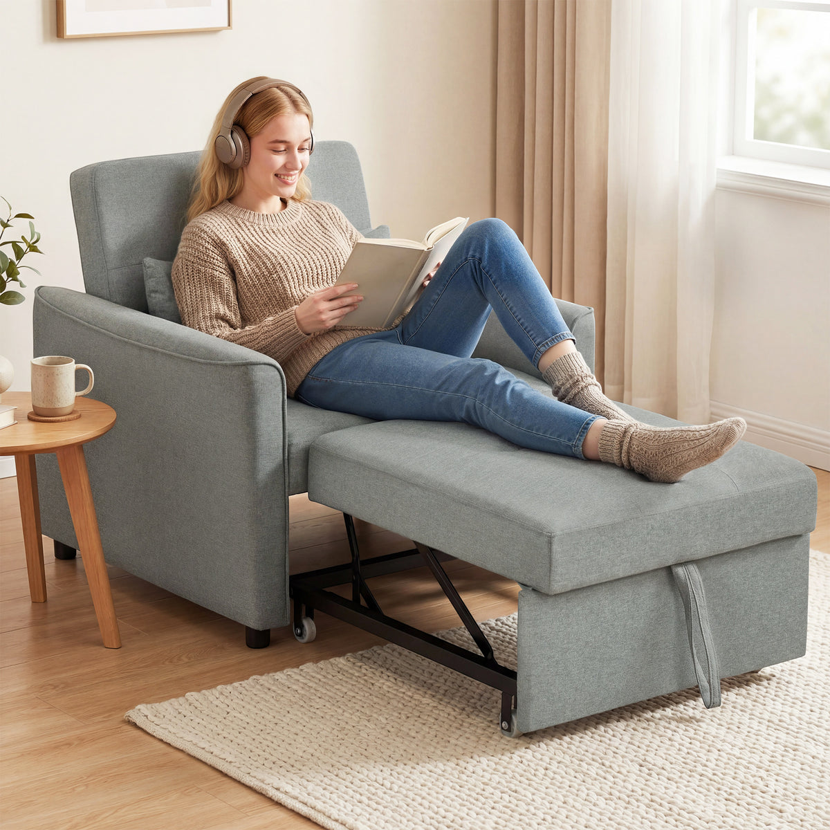 3-in-1 Sleeper Chair, Pull-out Sofa Bed Chair with Adjustable Backrest, Gray (2)