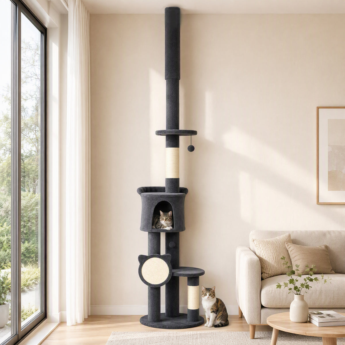 Floor-to-ceiling cat tree, 225–255 cm height-adjustable cat tower with 5 tiers, sisal scratching posts (2)
