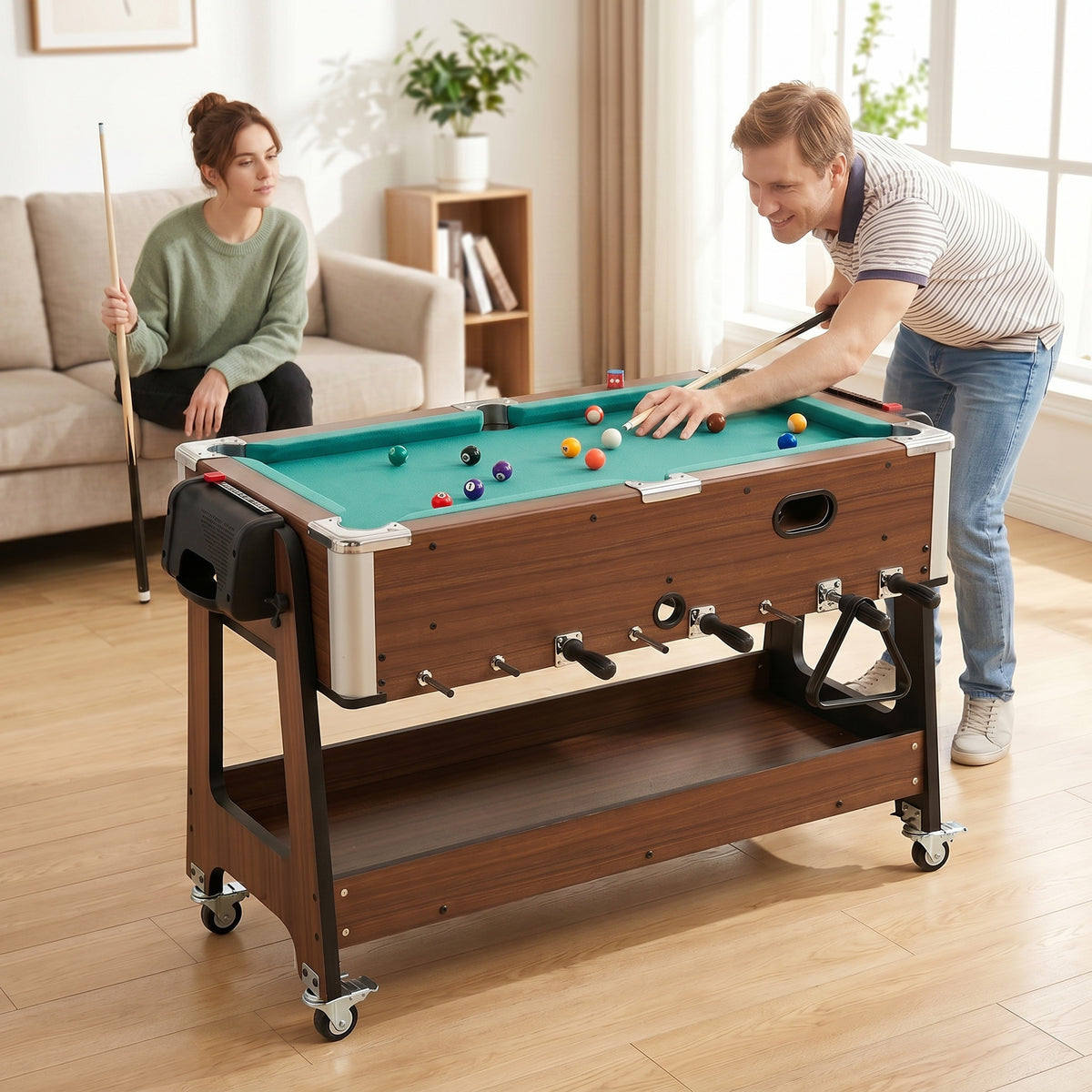 3-in-1 Multi Game Table, rotatable multifunction table with billiard table, foosball, air hockey, and storage (2)