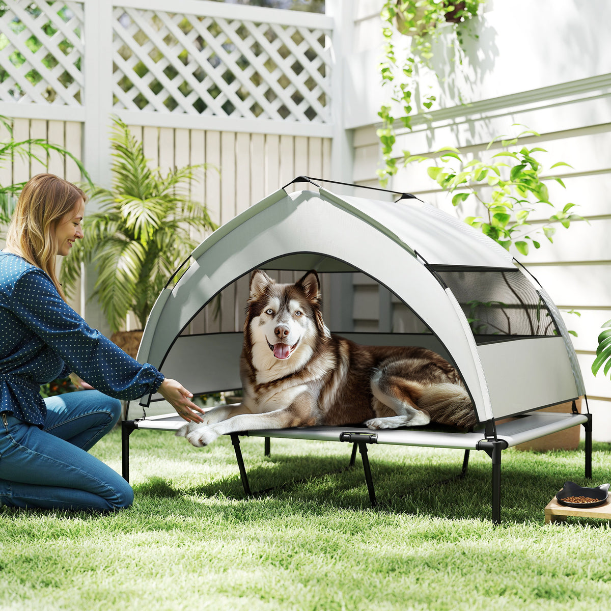 Outdoor Dog Cot with Canopy, Elevated Dog Bed for Extra Large Dogs, with Steel Frame, 122x92x94cm, Light Gray (2)