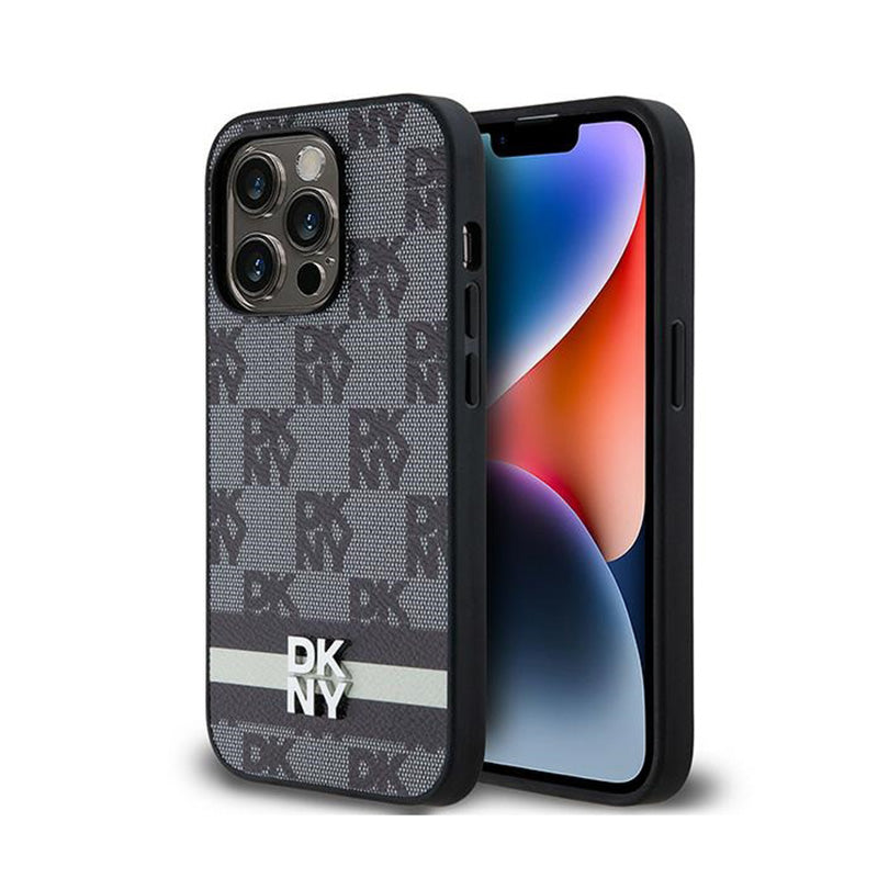 DKNY Leather Checkered Mono Pattern & Printed Stripes - case for iPhone 14 Pro (black)
