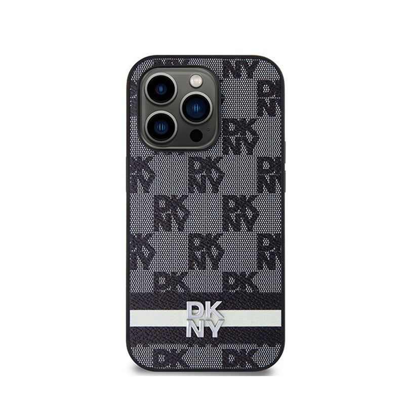 DKNY Leather Checkered Mono Pattern & Printed Stripes - case for iPhone 14 Pro (black) (3)