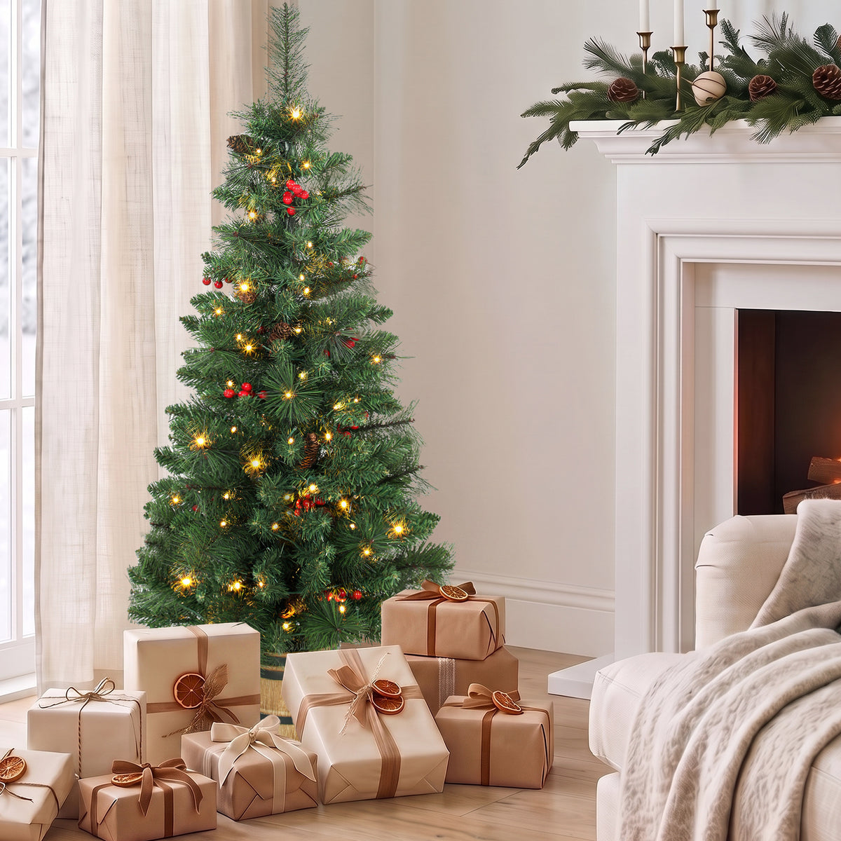 Artificial Christmas tree, 120 cm Christmas tree with 100 LED lights, 131 tips, berries, 2 light colors, remote (2)