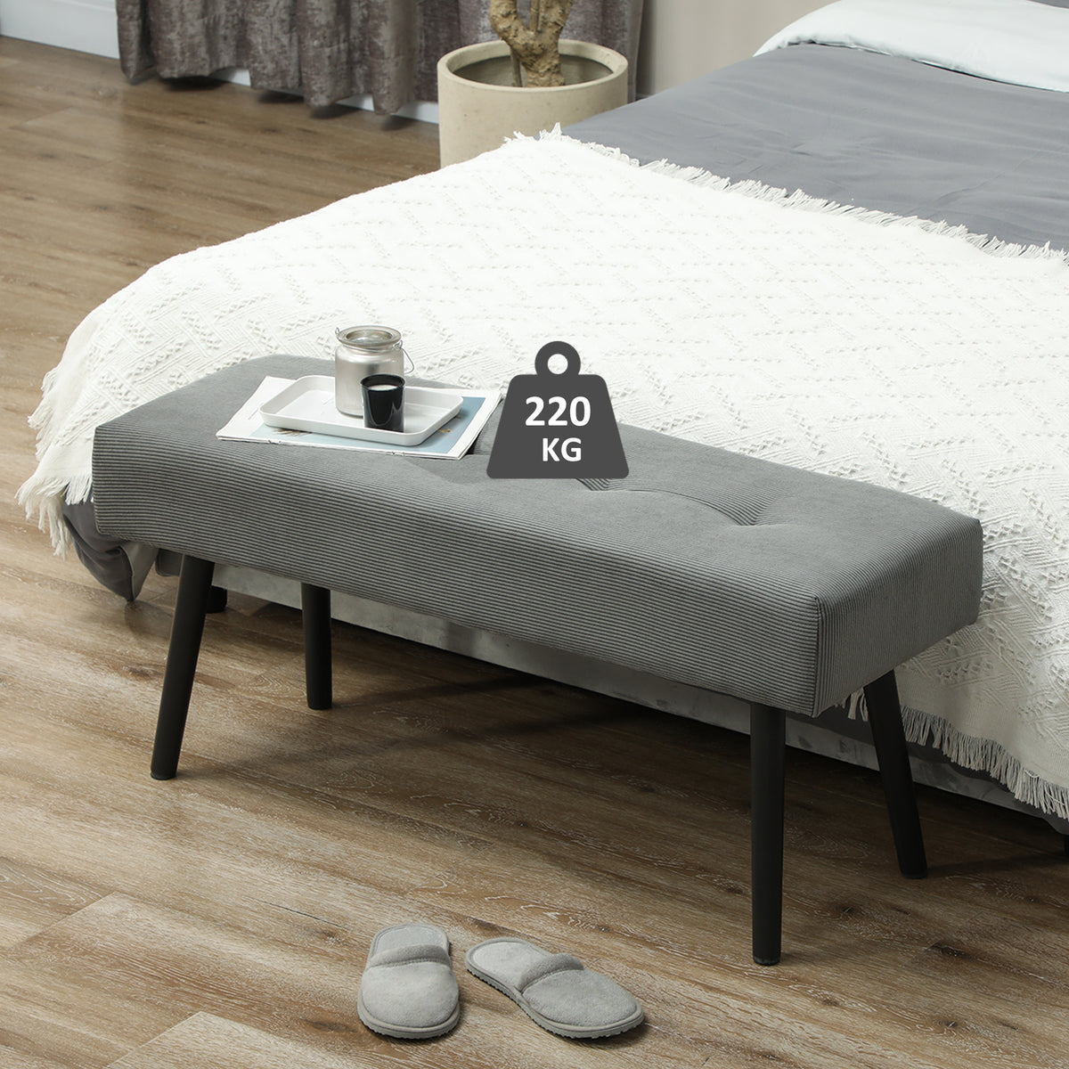 Upholstered bench with corduroy cover, bedroom bench with metal legs, shoe bench 100 x 36 x 45 cm grey (2)