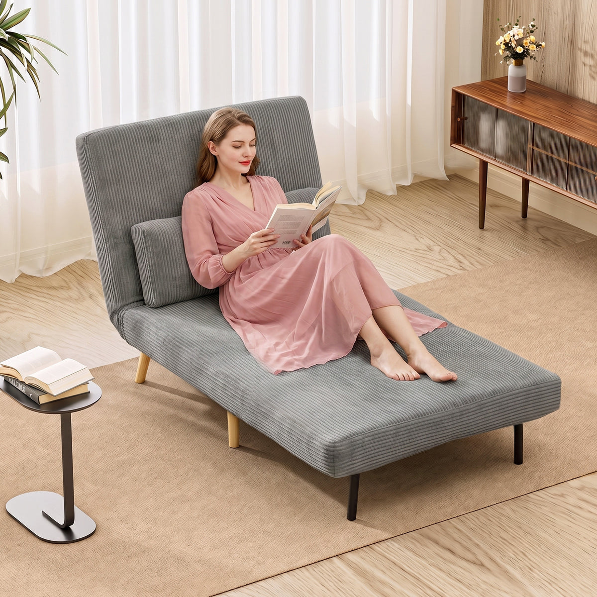 3-in-1 sleeper chair, foldable corduroy armchair with sleep function, adjustable backrest, cushion dark gray (2)