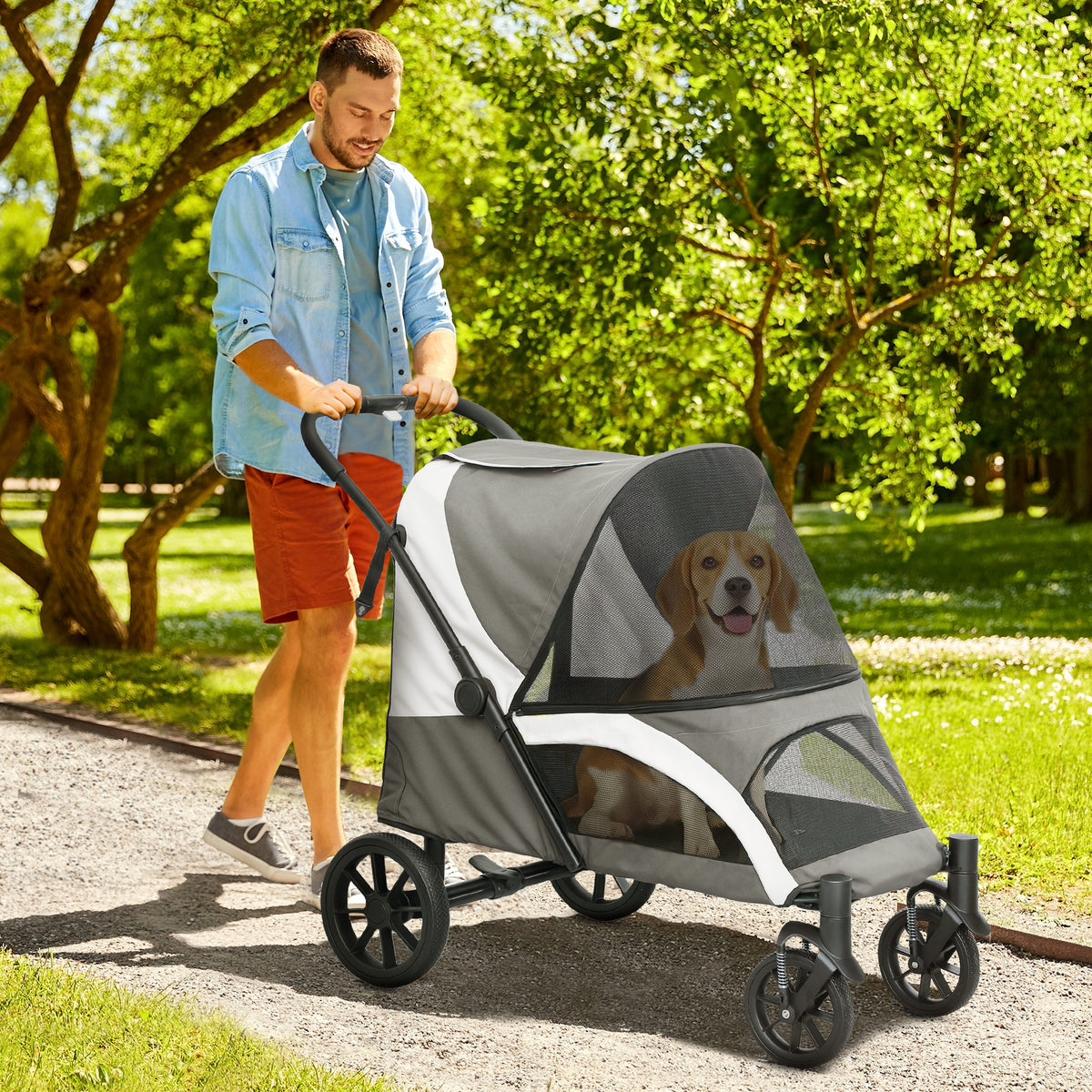 Dog stroller, foldable dog buggy for medium-sized dogs, 4-wheel pet stroller, safety leashes, brakes, dark gray (2)