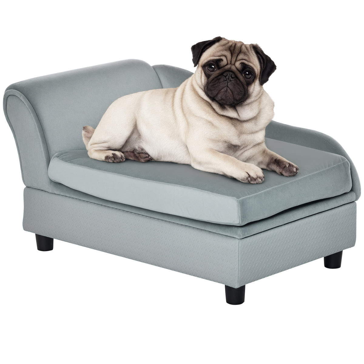Pet sofa with storage space, soft cushion, up to 15 kg load capacity, plush cover, hardwood frame, light gray