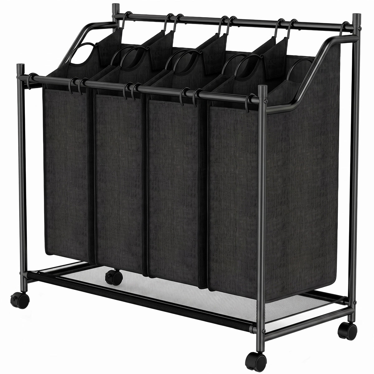 Laundry hamper with handle, 108 L rolling laundry basket with 4 compartments and wheels, black