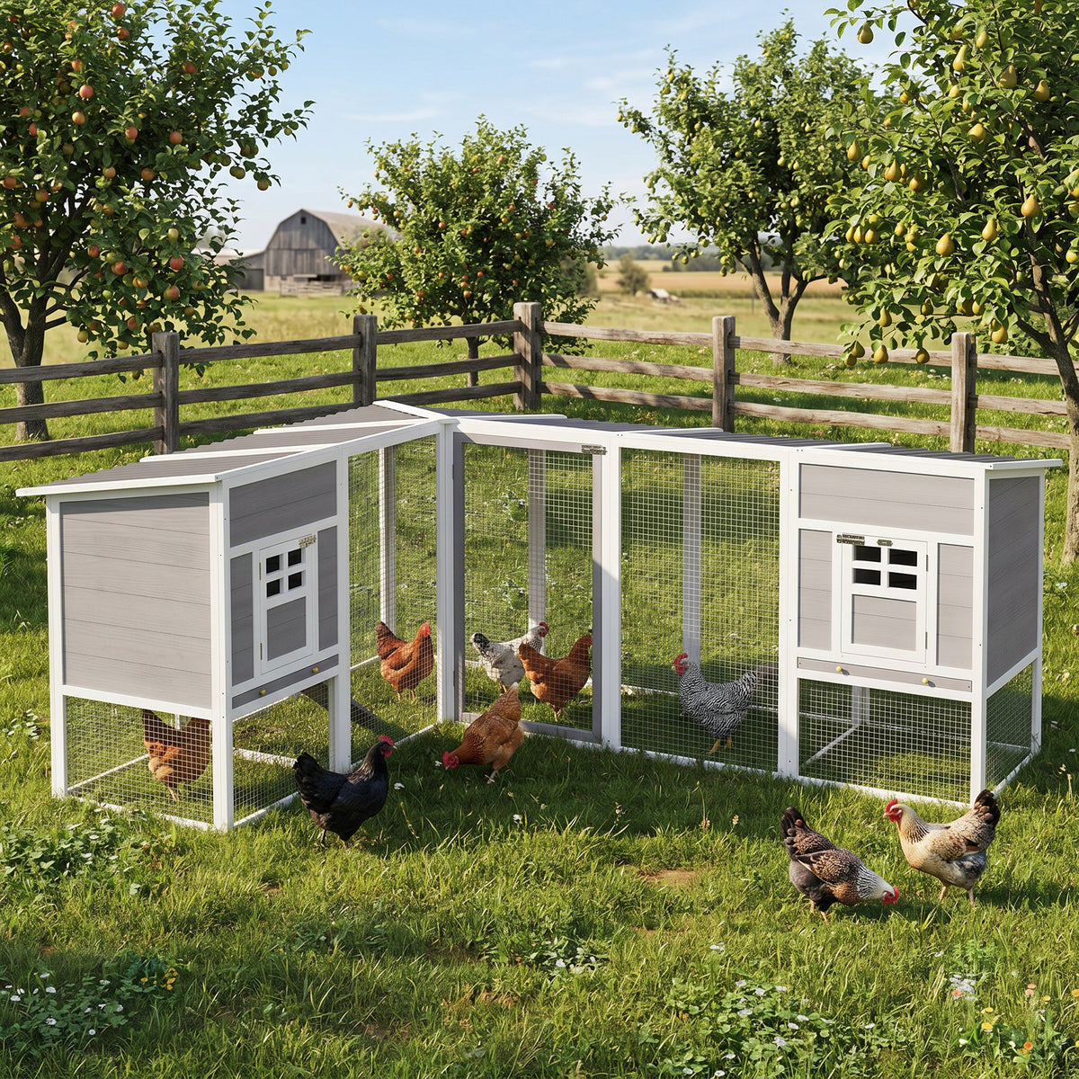 Chicken coop L-shaped wooden chicken house with 2 houses, 2 levels, run, ramp, 251 x 192 x 103 cm gray (2)