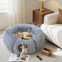 Cat tunnel, plush fabric, cushion, foldable, metal frame, cat cave, light gray (2)