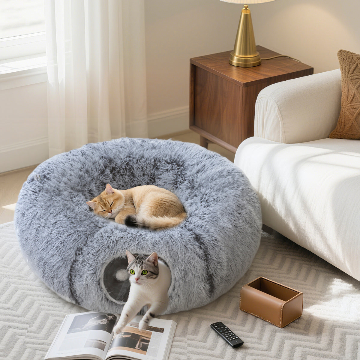 Cat tunnel, plush fabric, cushion, foldable, metal frame, cat cave, light gray (2)