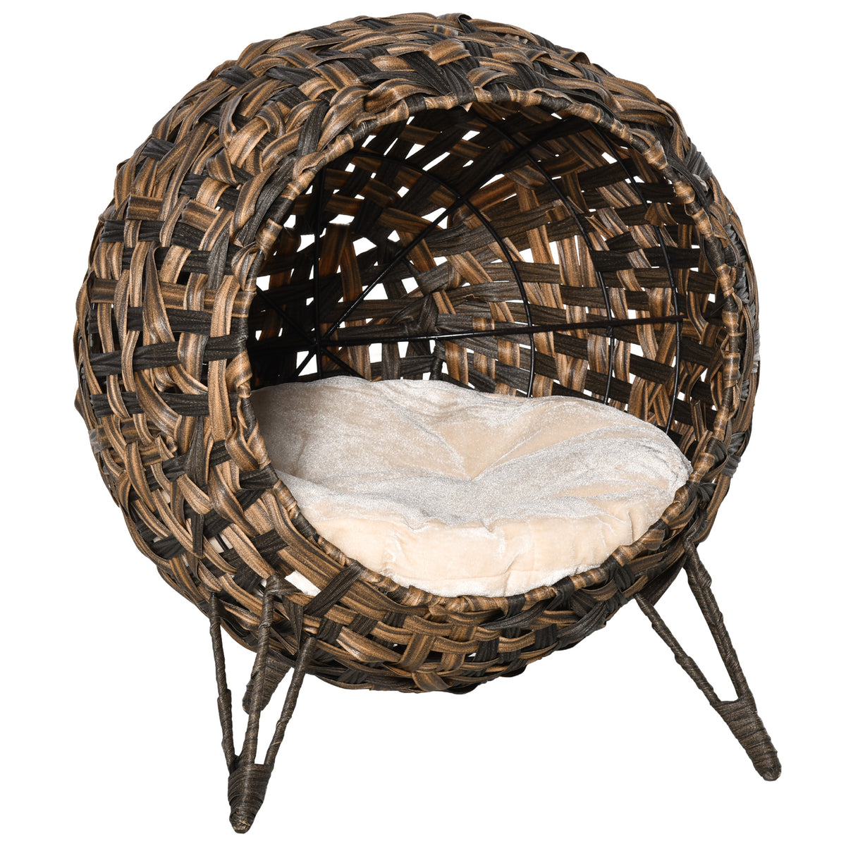 Rattan cat house with cushion, cat bed, cat cave with raised feet, brown, Ø52 x 58 cm