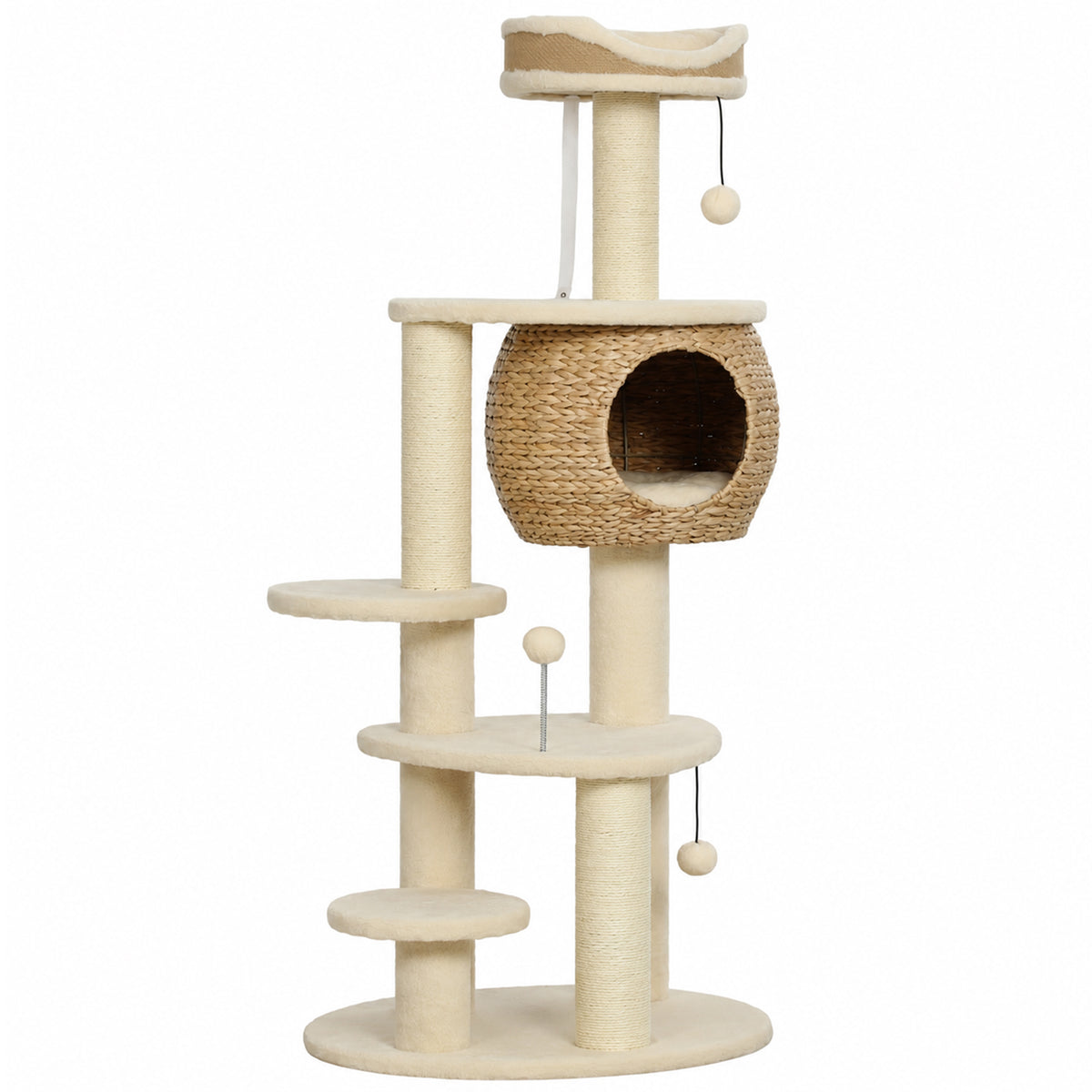 Large Cat Tree 132 cm tall with cattail cave, scratching posts, bed, 3 play balls, anti-topple device, for 1-2