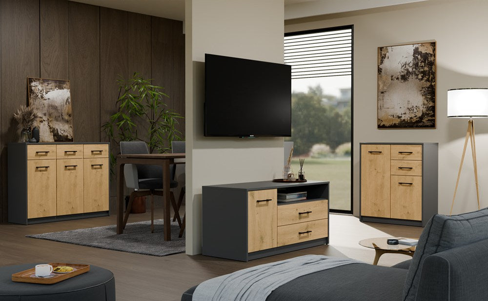 TV-Schrank SIMPLO 1D2S 2 Schubladen 1 Tür ANTHRAZIT EICHE ARTISAN – Produktabbildung 2