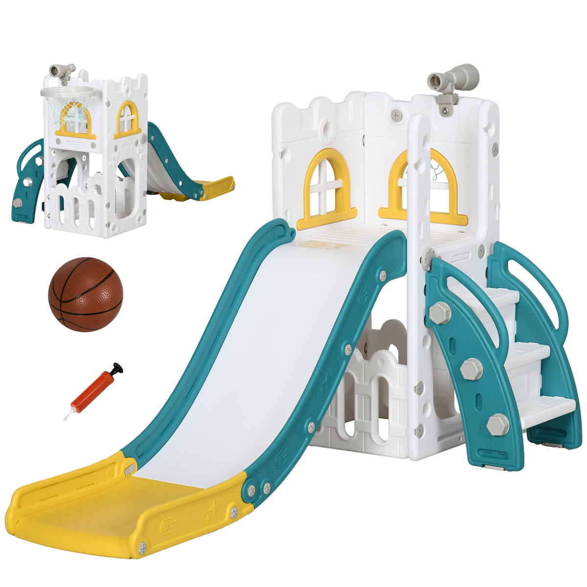 Children's slide, 5-in-1, toddler slide with basketball hoop, telescopic climbing frame yellow 70 x 177 x 92 cm