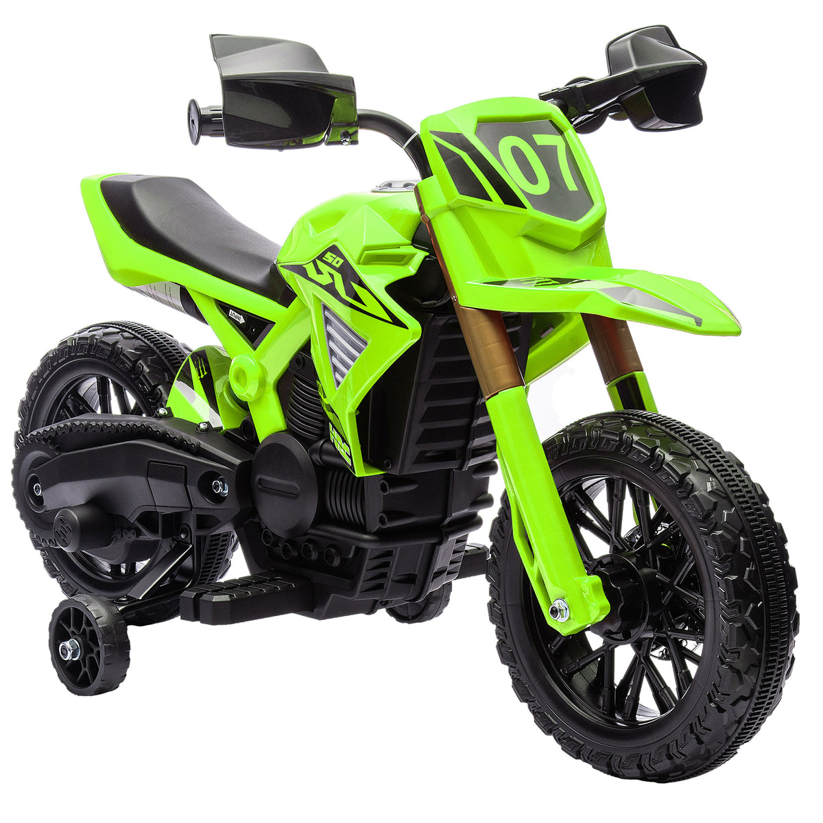 Electric motorcycle for children, 6V battery drive, training wheels, horn, engine start sound, 3-8 years, green