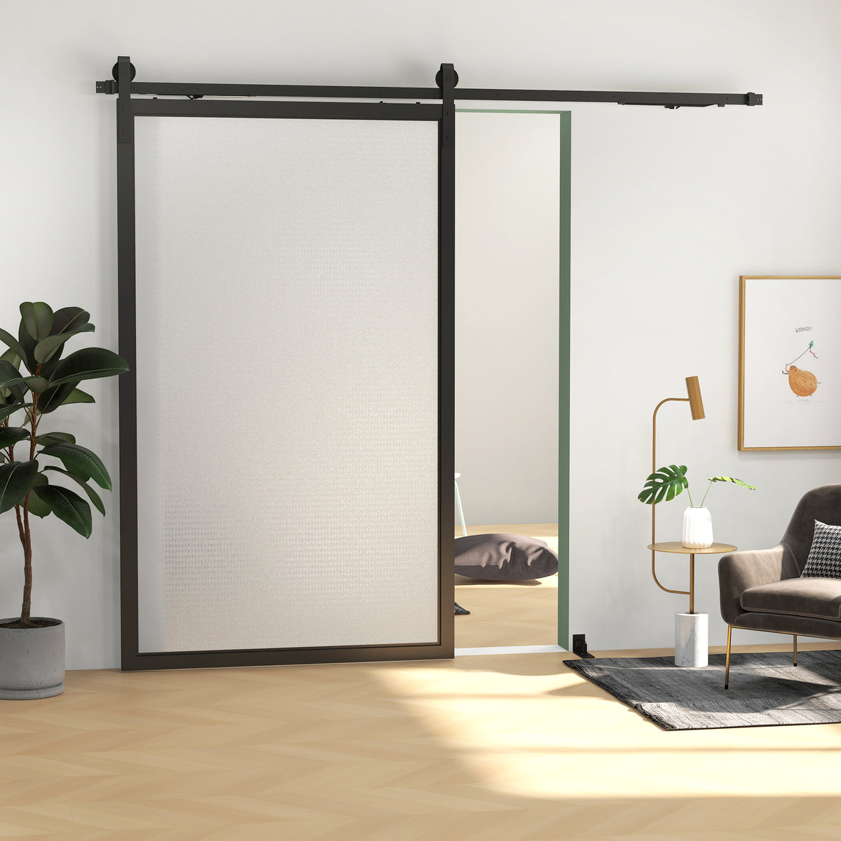 Sliding door hardware kit, quiet & smooth-running, for wood & cement walls, 244cm, steel, black (2)
