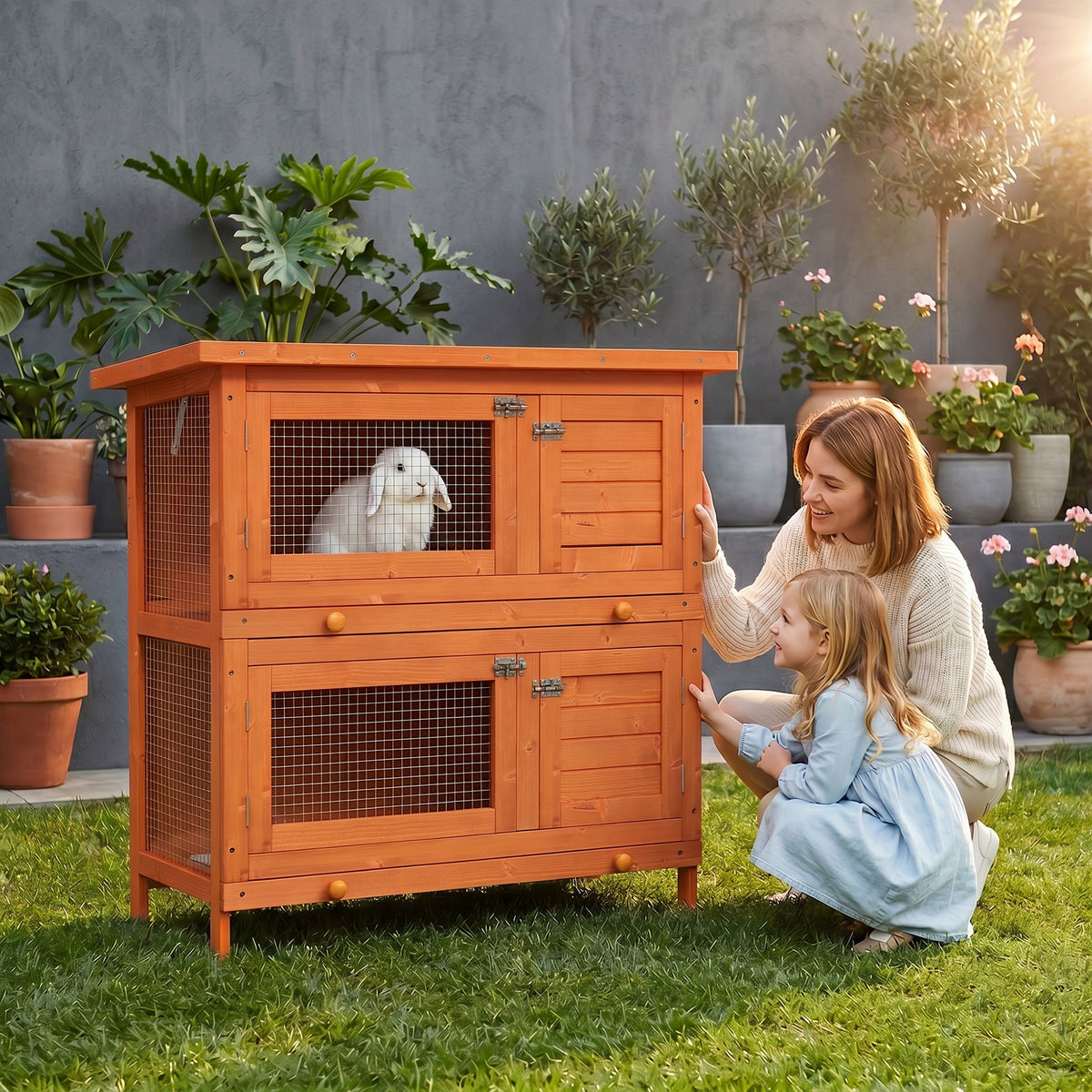 Small animal hutch 2 levels weatherproof fir wood green + natural (2)
