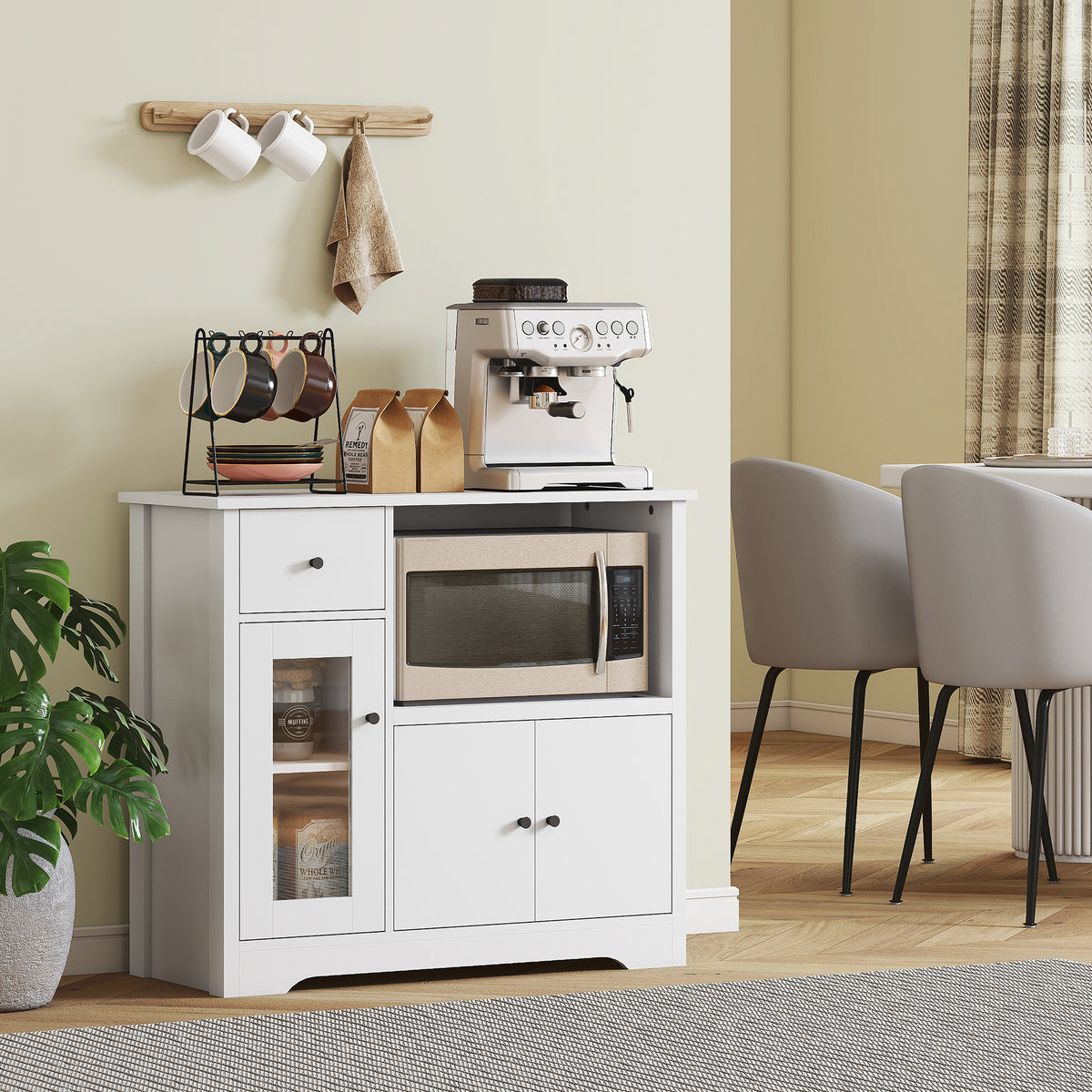 Kitchen cabinet with cable hole, sideboard with 2 cupboards, open compartment, drawer, 80 x 35 x 72.2 cm (2)