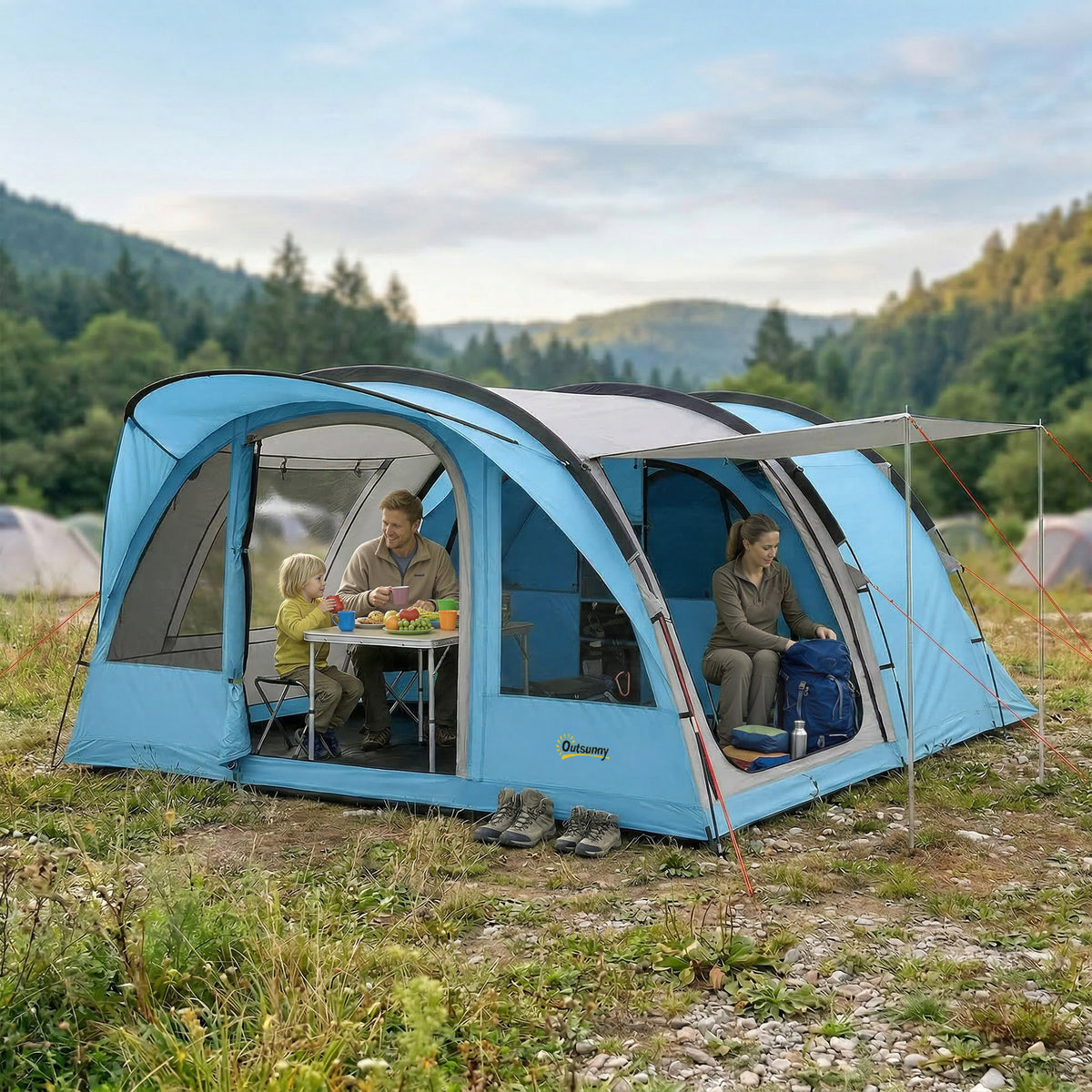 4-person tunnel tent family tent with sleeping cabin, vestibule, removable partition, windows, groundsheet, and (2)