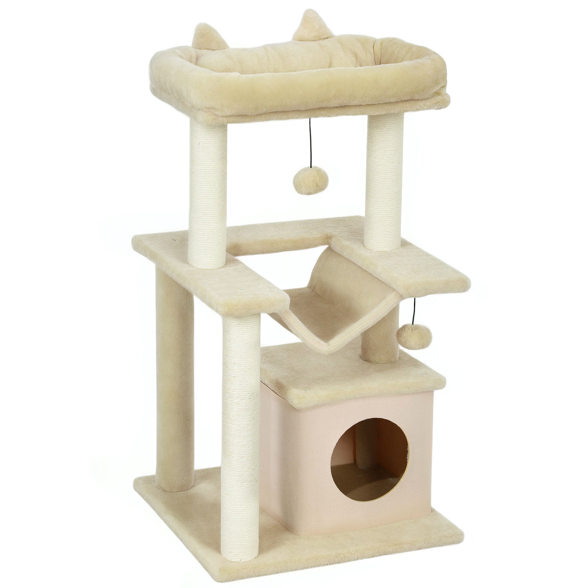 Cat tree, scratching post with toy, perch, hammock, 48 x 48 x 90 cm, cream
