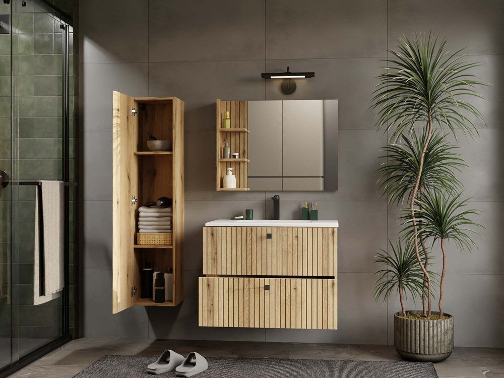 WASCHTISCHUNTERSCHRANK TIGO 80 2S EICHE EVOKE 2 SCHUBLADEN GERILLTE FRONT HÄNGEND – Produktabbildung 2