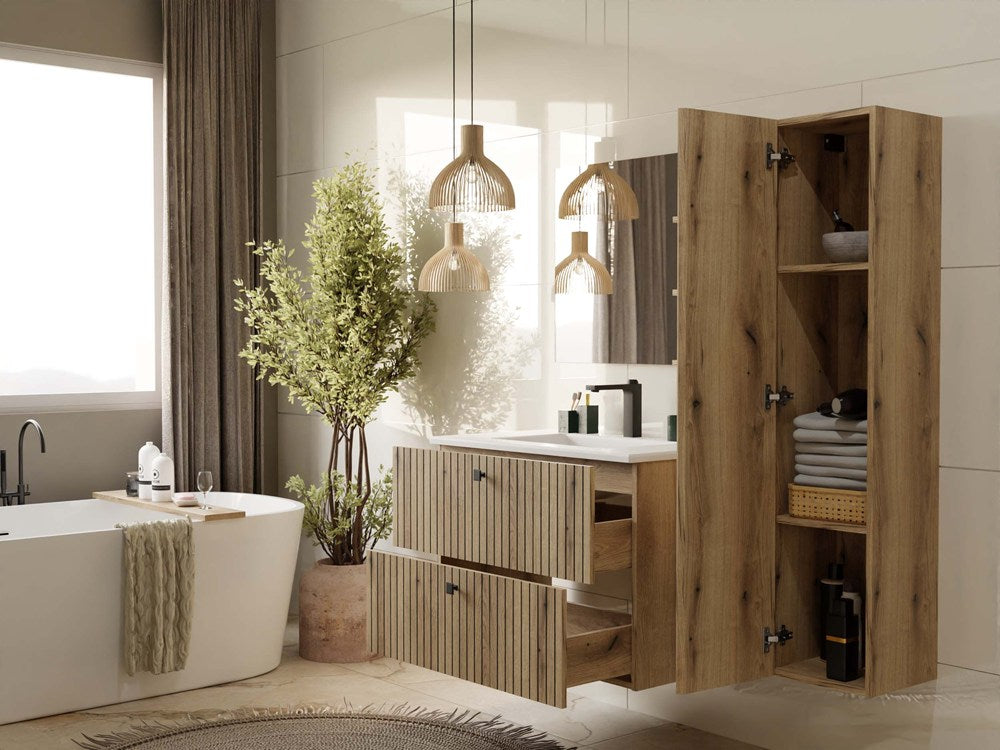 WASCHTISCHUNTERSCHRANK TIGO 80 2S EICHE EVOKE GERILLTE FRONT + WASCHTISCH – Produktabbildung 2
