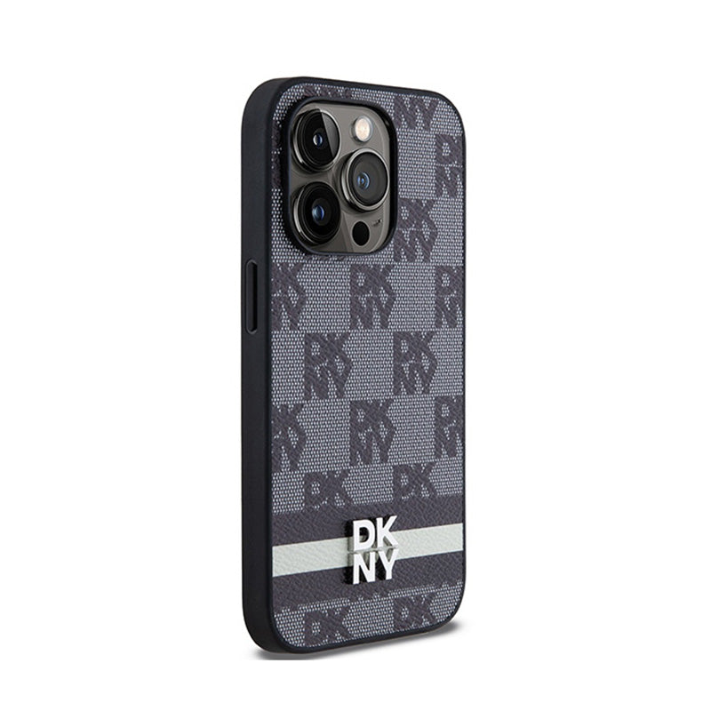 DKNY Leather Checkered Mono Pattern & Printed Stripes - case for iPhone 14 Pro (black) (4)