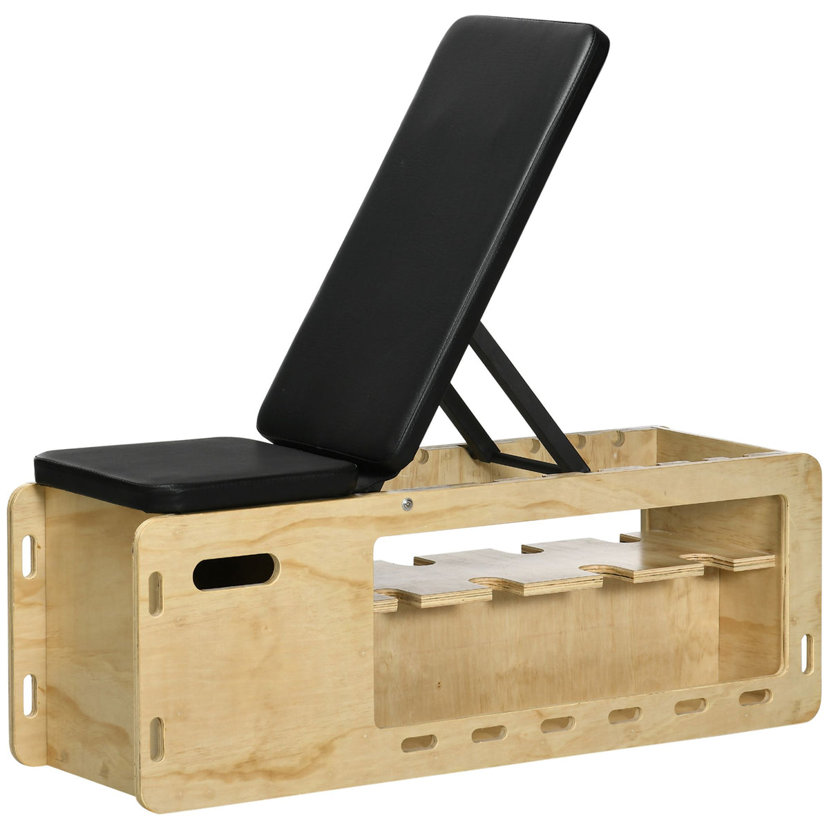 Weight bench with barbell rack, 1 storage basket, adjustable to 6 positions, solid wood, natural + black