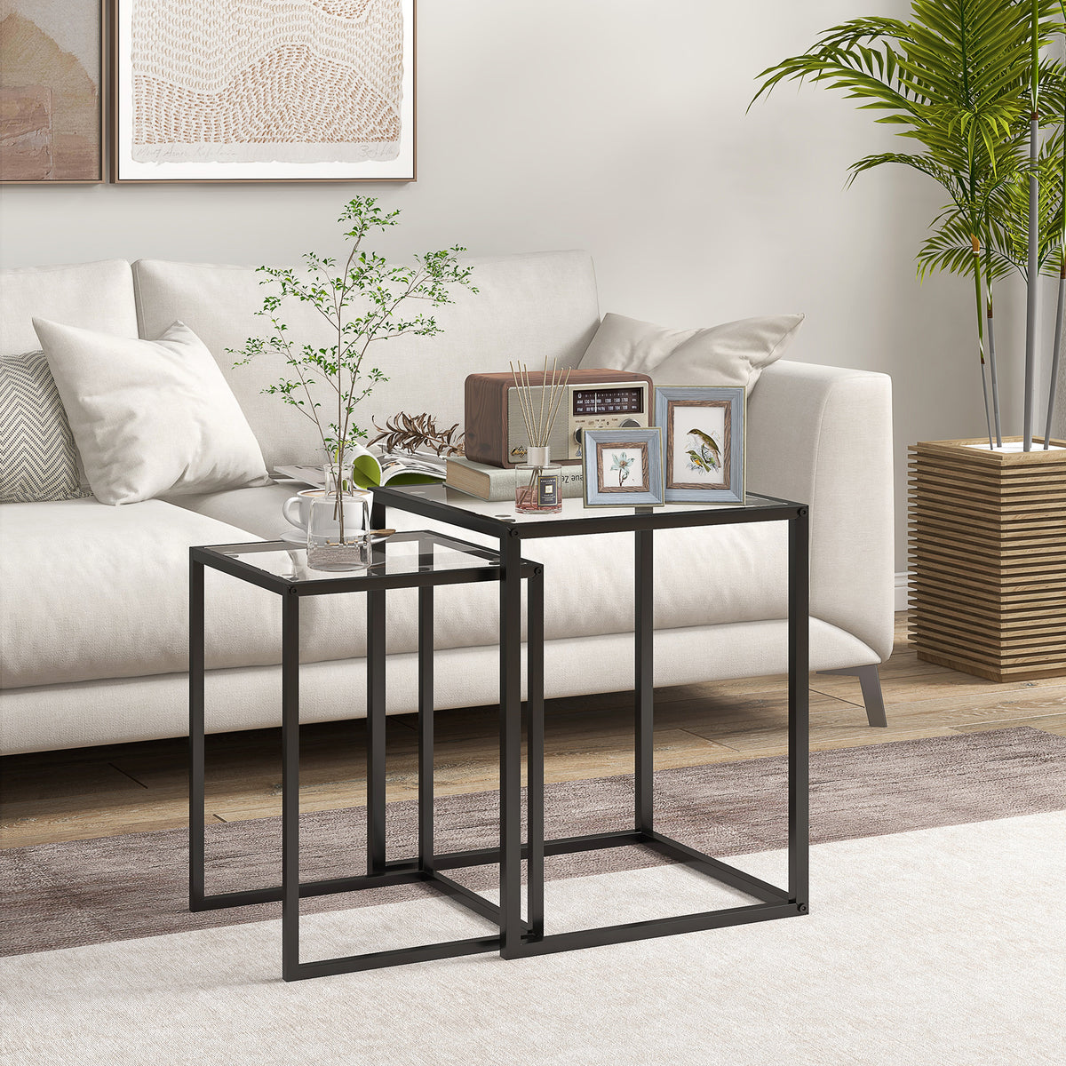 Set of 2 side tables, stackable nightstand coffee table with steel legs, modern for living room, black (2)