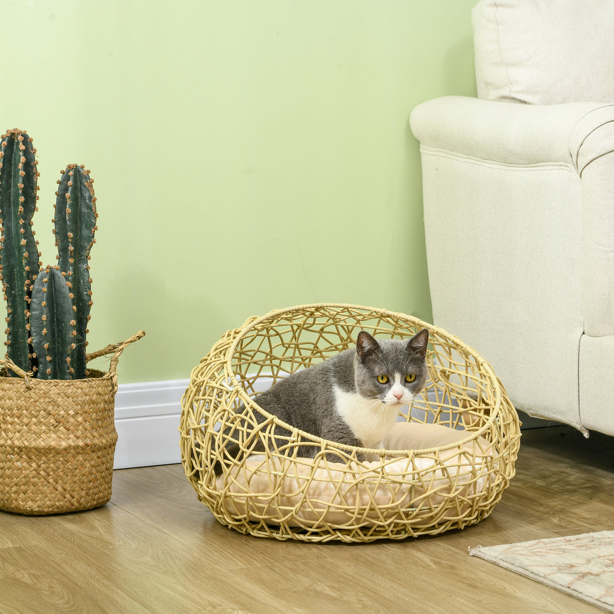 Rattan cat cave cat bed cat house with cushion cat tent pet house for cats dogs beige Ø56 x 35 cm (10)