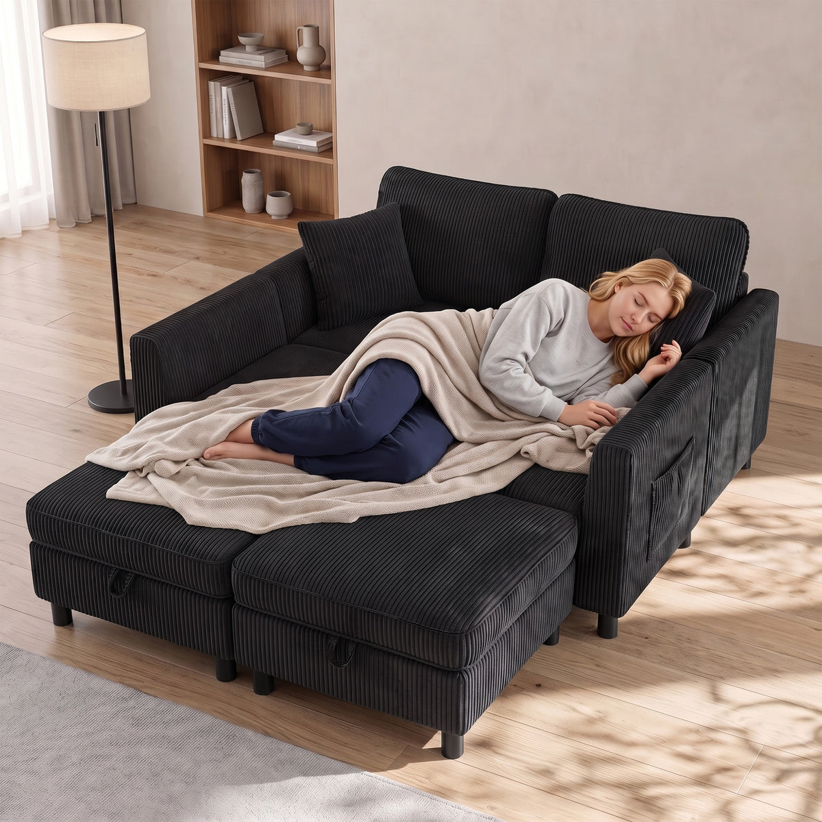 4-seater U-shaped corner sofa with storage ottoman, 306 cm corner couch in corduroy look, 4 cushions, for living (8)