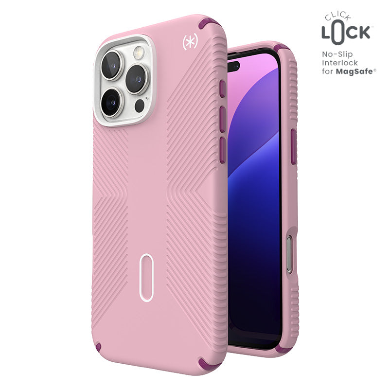 Speck Presidio2 Grip ClickLock & MagSafe - iPhone 16 Pro Max Case (Wednesday Pink / Boysenberry Purple / White)