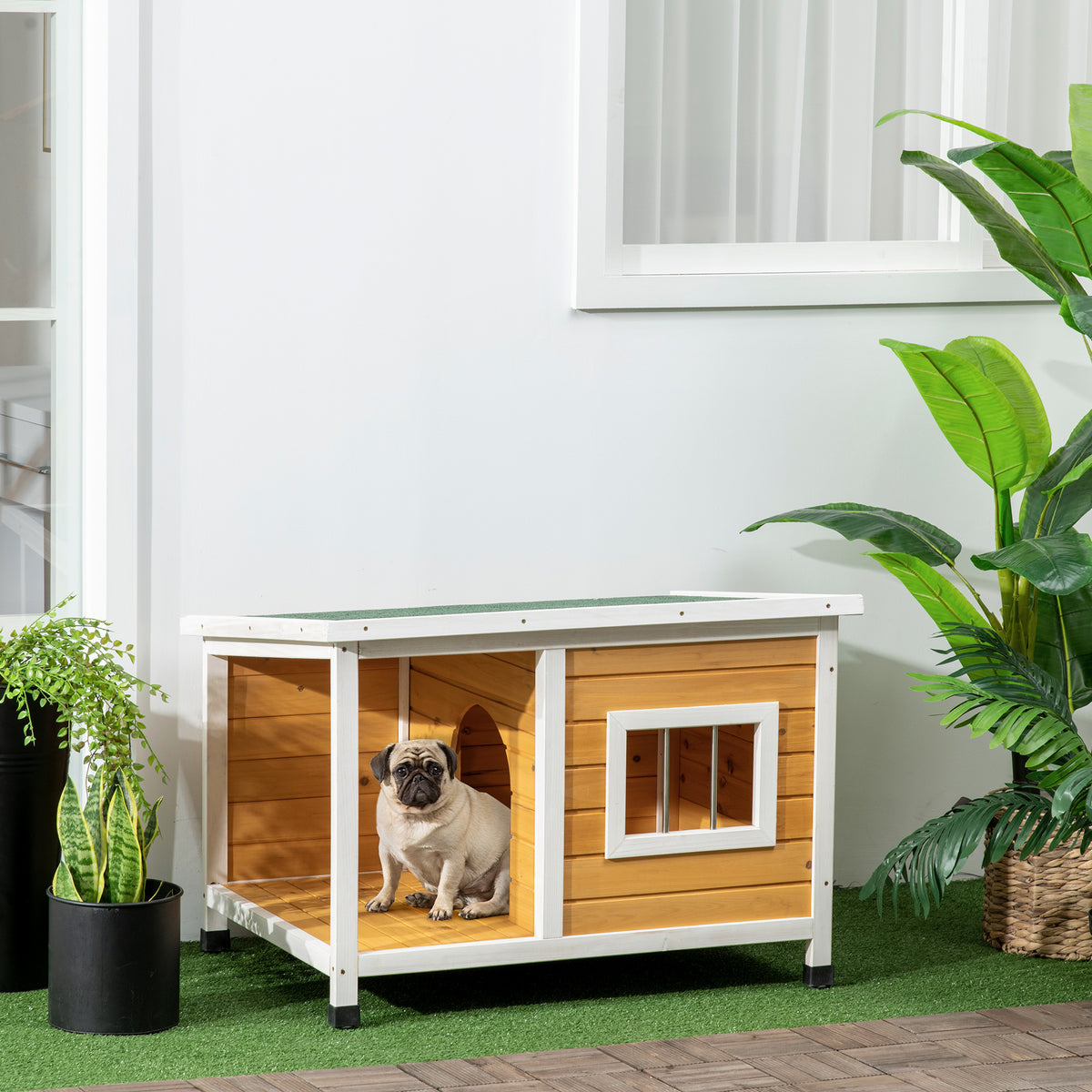 Dog house with porch, hinged roof, window, adjustable feet, natural wood, orange, 85.5 x 62 x 60 cm (2)