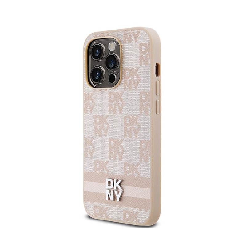 DKNY Leather Checkered Mono Pattern & Printed Stripes - case for iPhone 14 Pro (pink) (2)
