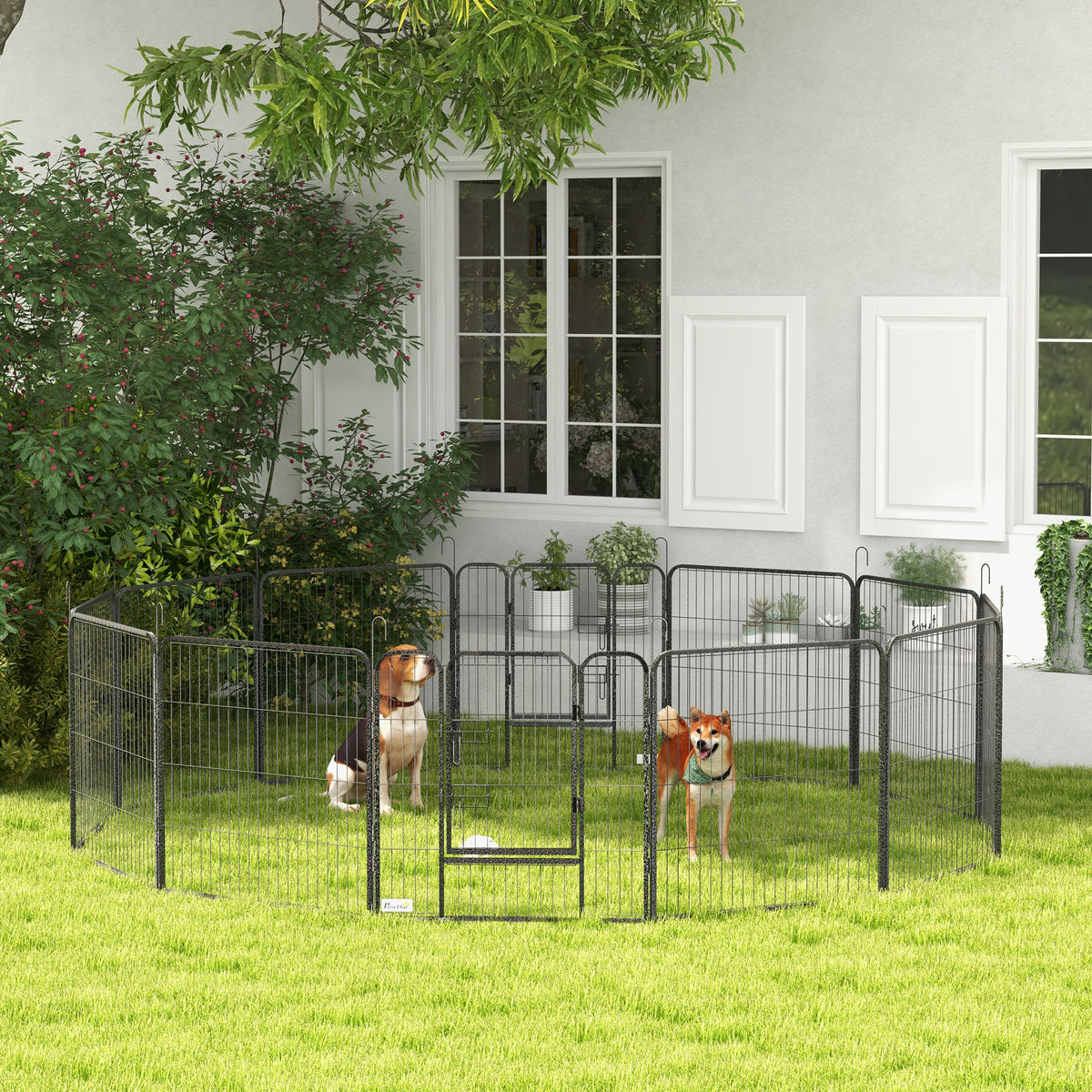 Puppy playpen, pet enclosure, 12 panels each 80x80 cm, 2 doors, steel frame, grey (2)