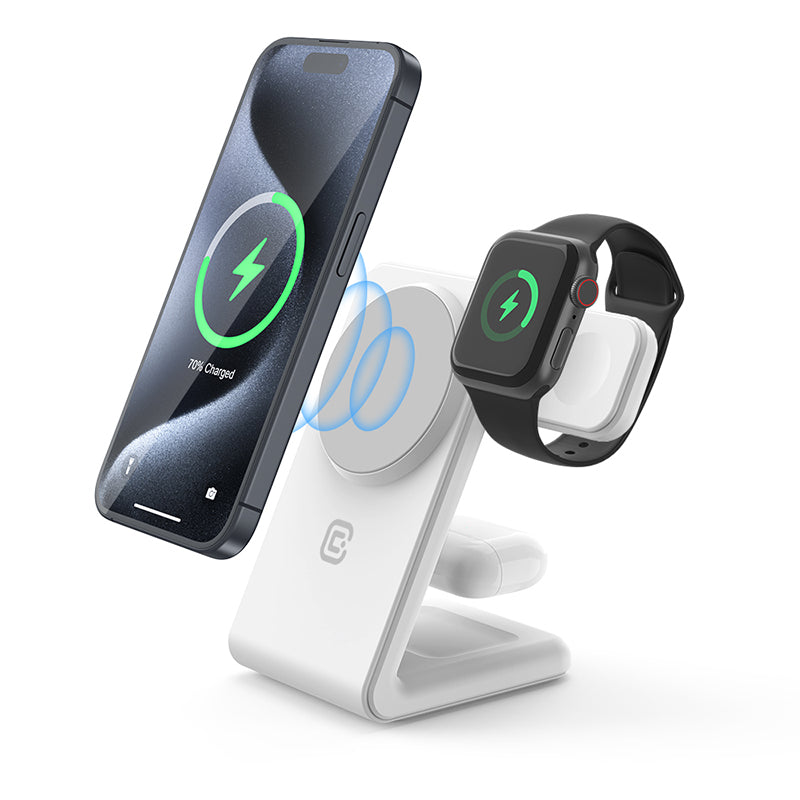Crong MagSpot Pivot Stand – 3-in-1 wireless charger with MagSafe for iPhone, Apple Watch and AirPods (white)