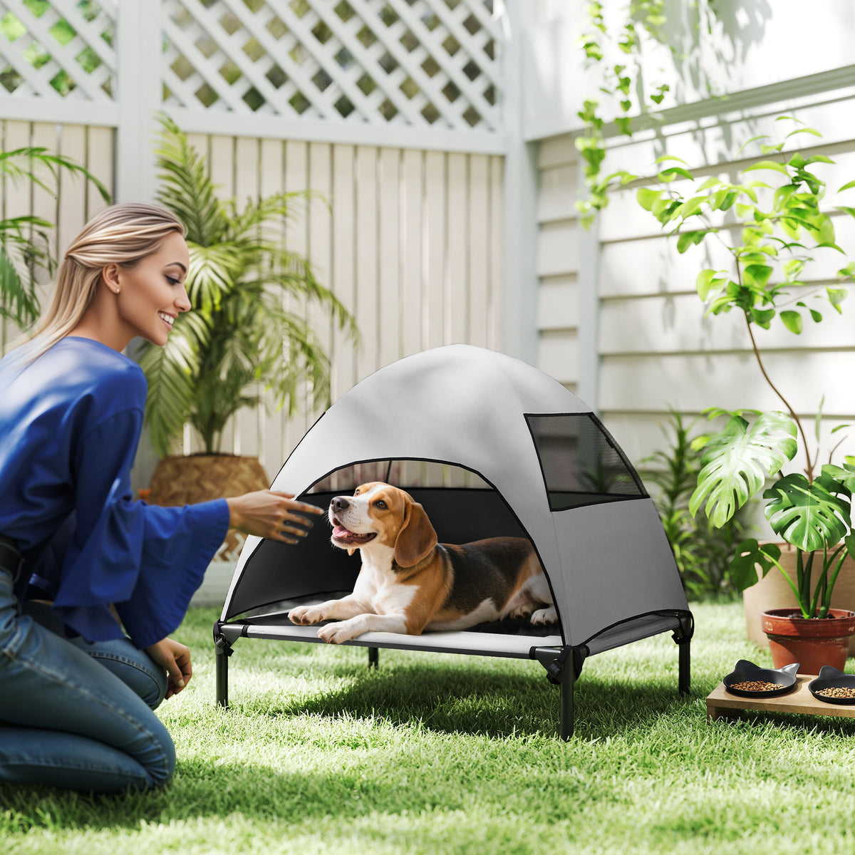 Outdoor Dog Cot with Canopy, Elevated Dog Bed for Medium-Sized Dogs, 76 x 61 x 71cm, Light Gray (2)