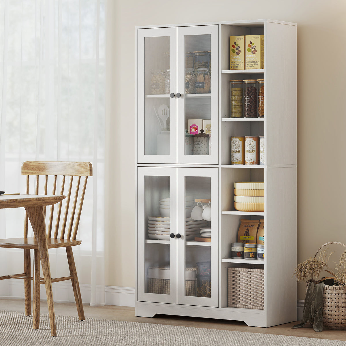 Kitchen cabinet with glass doors, shelves, open storage compartments, 172 cm high, MDF, white (2)