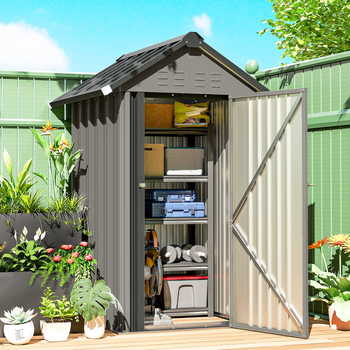 Metal garden shed 1.17 m², tool shed with gable roof, ventilation, lock, and gloves, 122 x 121 x 192 cm (2)