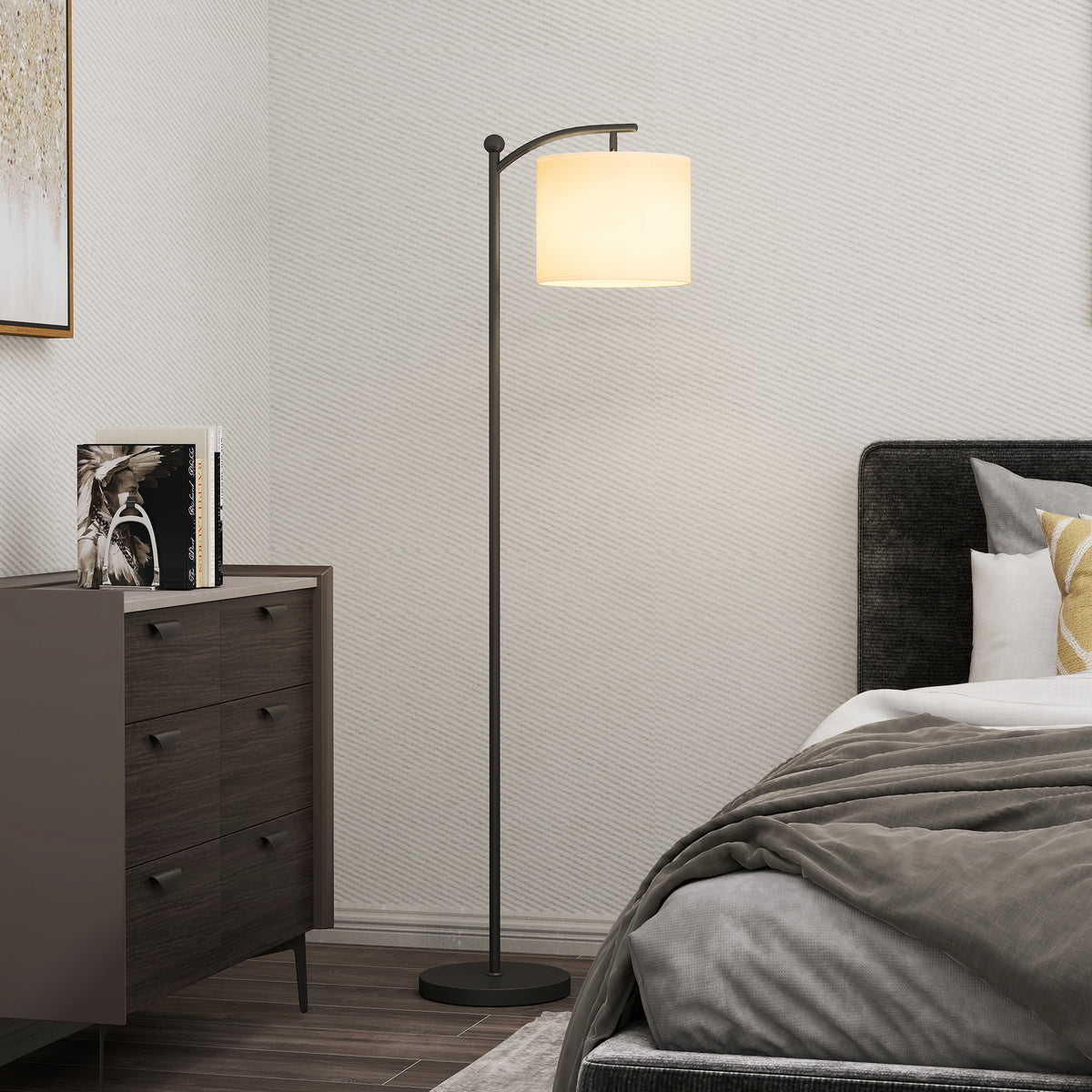 Floor lamp, adjustable light options, foot switch, remote control, metal, black (2)
