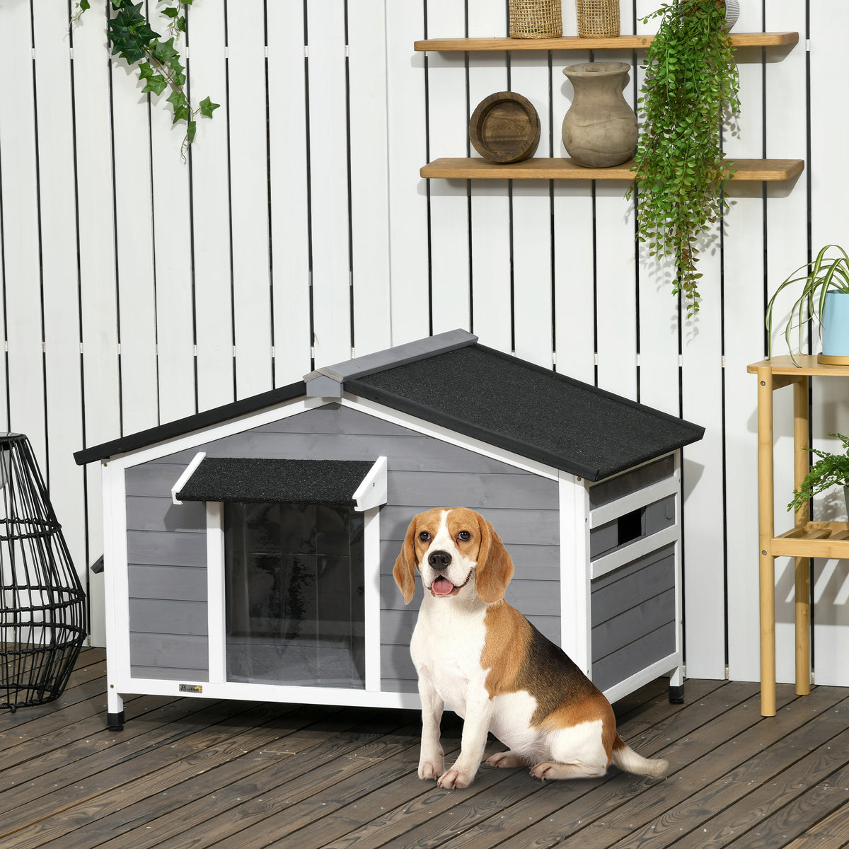 Solid wood dog house, weather-resistant, asphalt roof, removable floor, 109 cm x 79 cm x 72 cm, grey + white (2)
