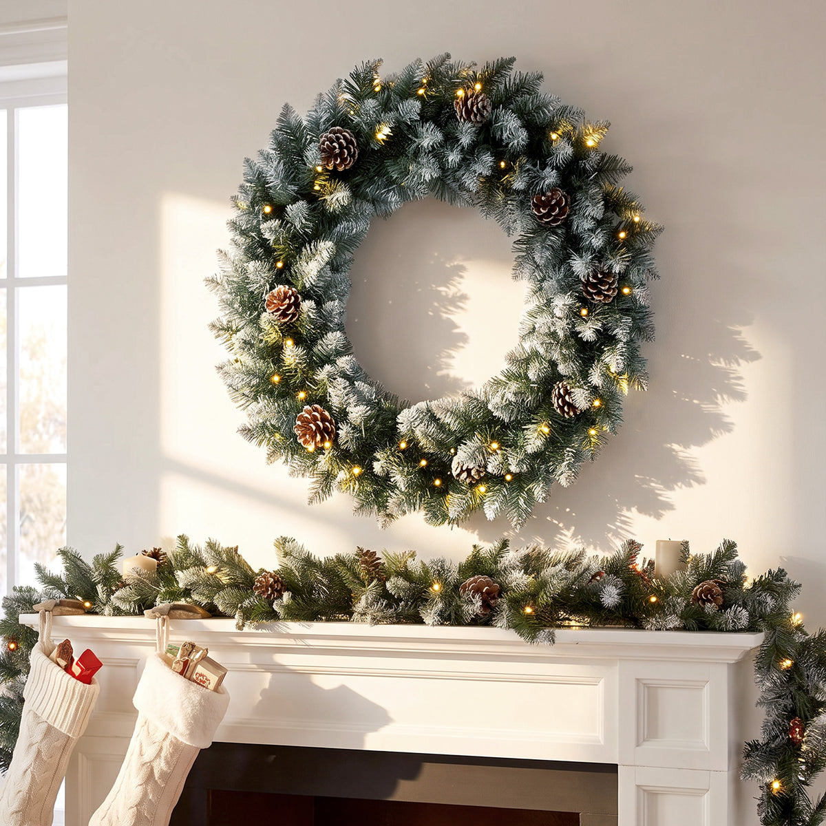 Christmas Wreath 60 cm Illuminated Door Wreath with 50 LEDs Cones Artificial Snow for Christmas Advent Front (2)