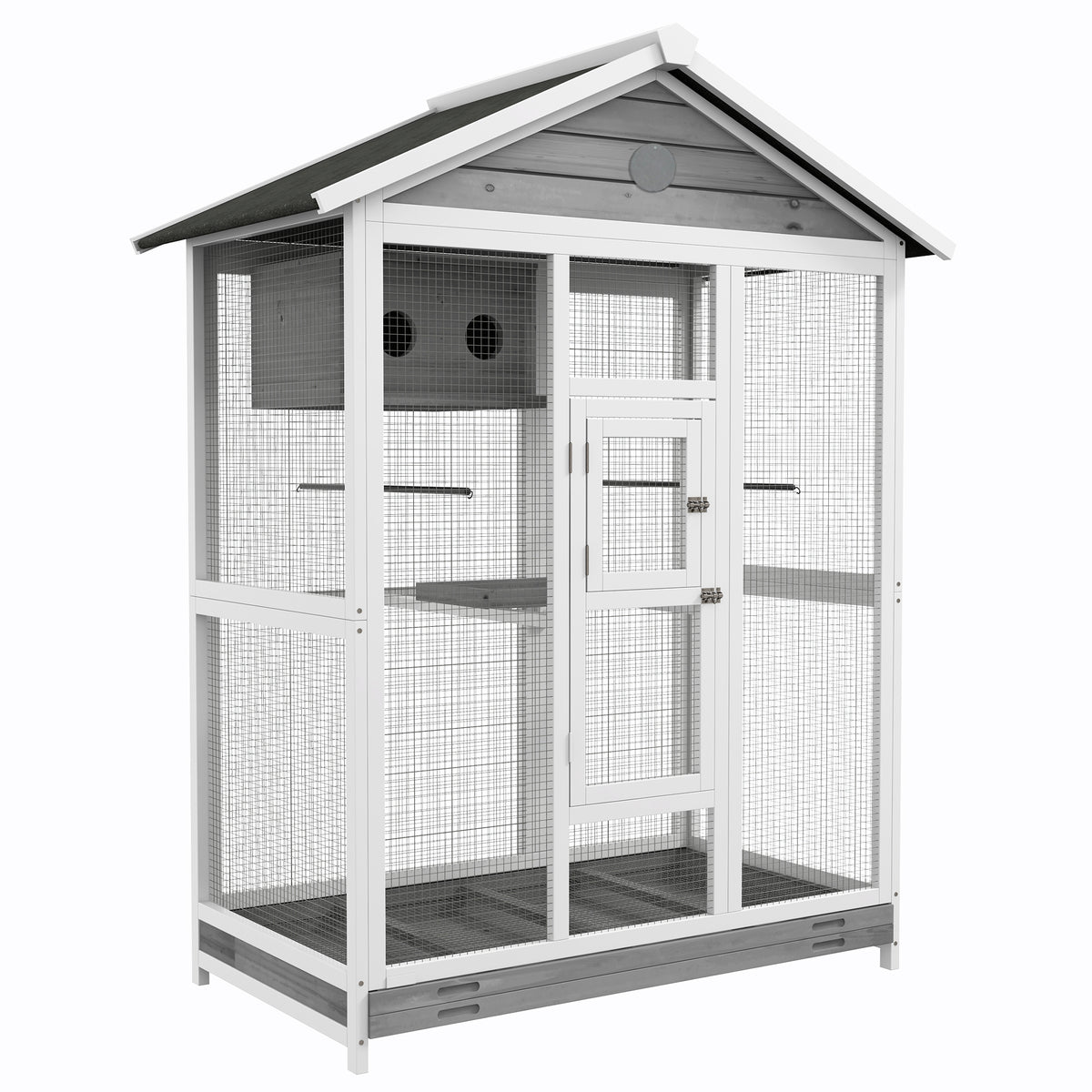 Wooden bird cage, with 4 perches, asphalt roof, waterproof, 112 x 68 x 154 cm