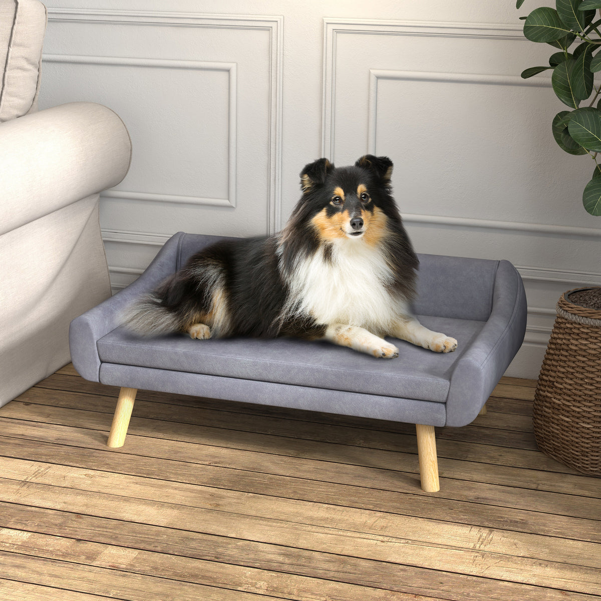 Pet sofa dog sofa, Scandi design, removable cushion, velvet look, 102 cm x 58.5 cm x 42.5 cm, grey + natural (2)