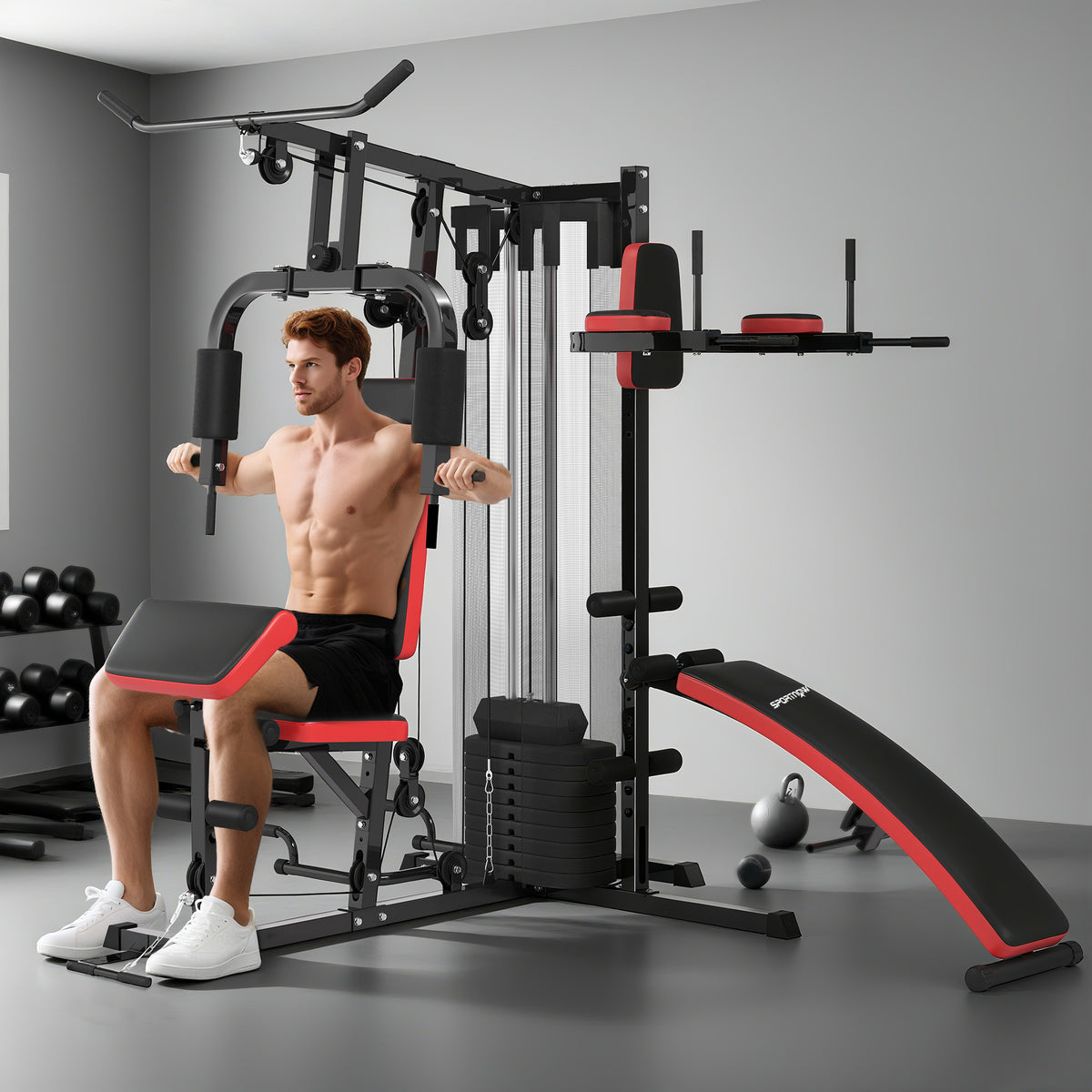 Multi-purpose training station with 65 kg weight stack, adjustable, for home workouts, steel, synthetic leather (2)