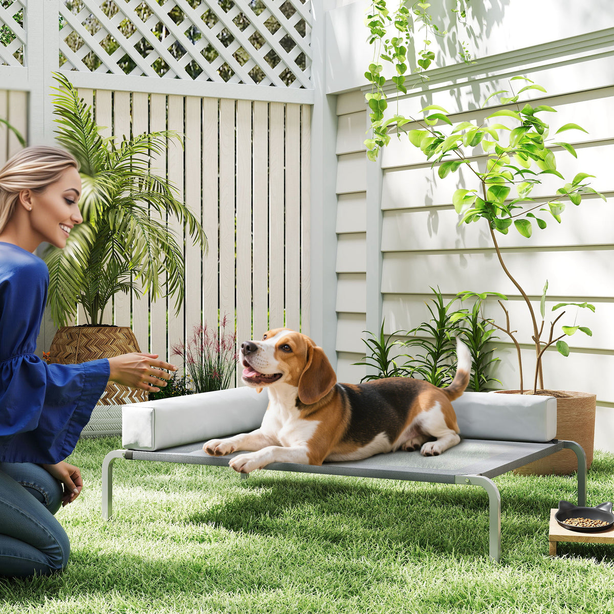 Outdoor Dog Cot, Elevated Dog Bed for Medium-Sized Dogs, with L-Shaped Cushion 110x75x30cm, Light Gray (2)