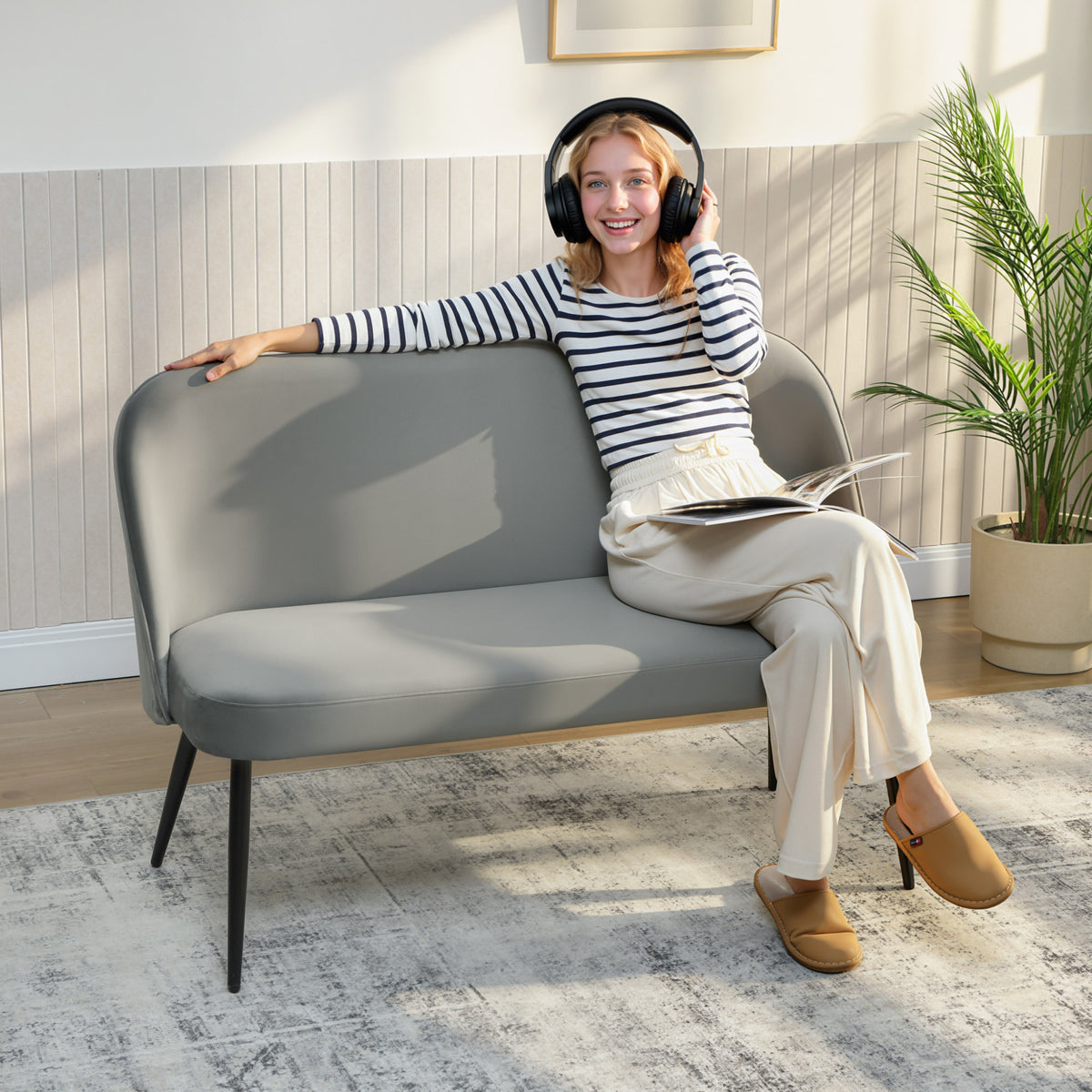 2-seater sofa, modern upholstered couch with metal and wood frame, velvet-like fabric cover, gray (2)